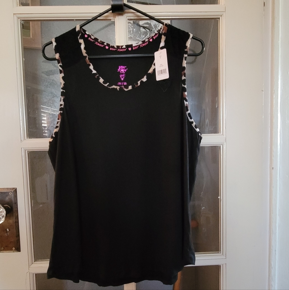 NWT Betsy Johnson Black Tank Top with Lace Detail on Shoulders Sz. L